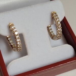 14k Solid Gold and Diamond Hoop Earrings, Approx 19mm & 4.5 Grams